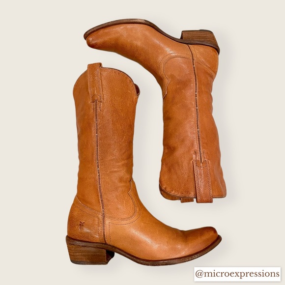 Frye Carson Pull Up Cognac Everyday Cute Genuine Leather Low Heel Cowboy Boot - Picture 3 of 11